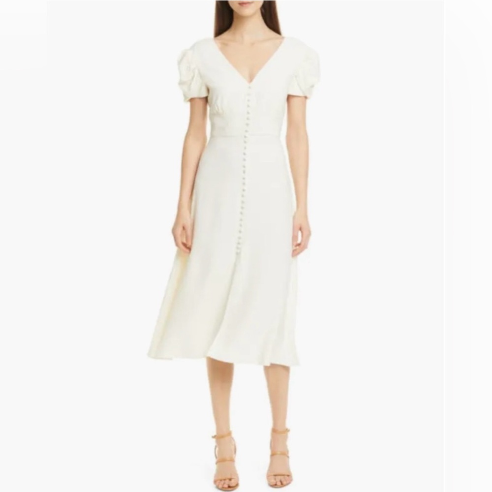 Saloni Margot Cream Midi Dress‎ Puff Sleeve Button Front US 2